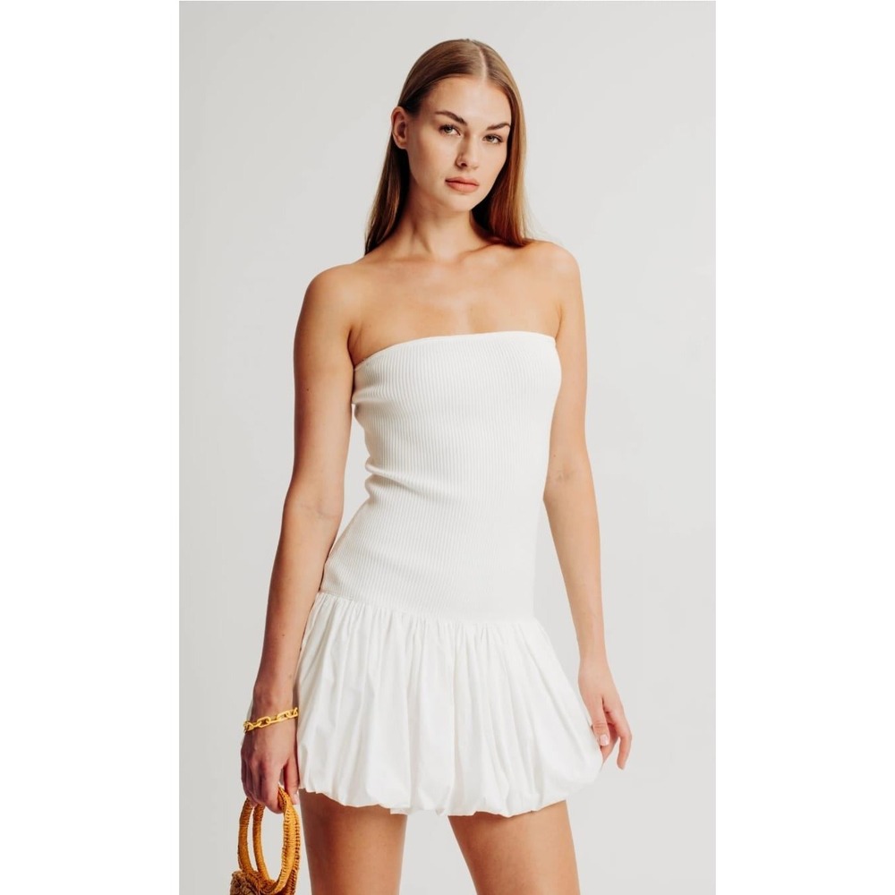 Torn by Ronny Kobo White Ribbed Strapless Bubble Hem Mini Dress Size M
